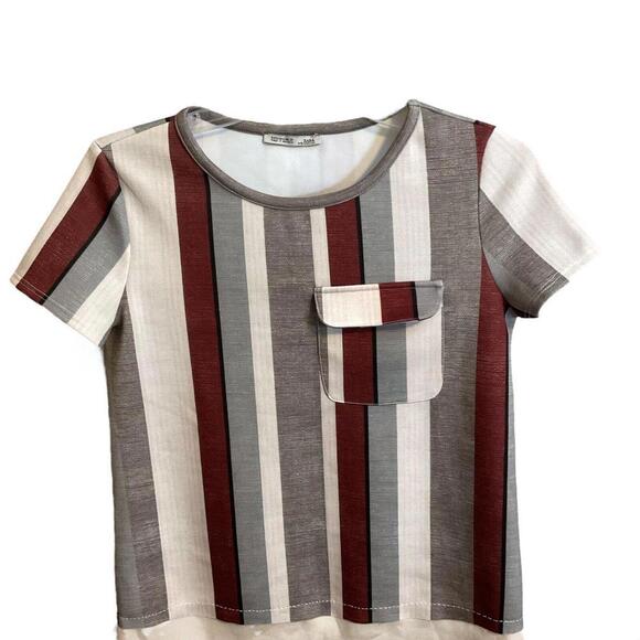 Zara Short Sleeve Top Size Small Orange Tan Ivory Stripe Pocket Ivory Hem - Picture 6 of 7